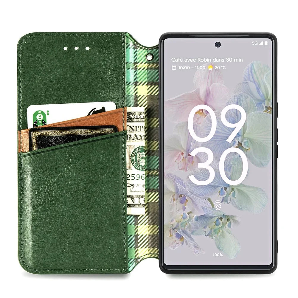 For Google Pixel 6a PU Leather Case Rhombus Imprint Wallet Stand Phone Cover - Green - 4