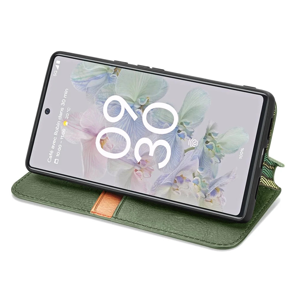 For Google Pixel 6a PU Leather Case Rhombus Imprint Wallet Stand Phone Cover - Green - 5