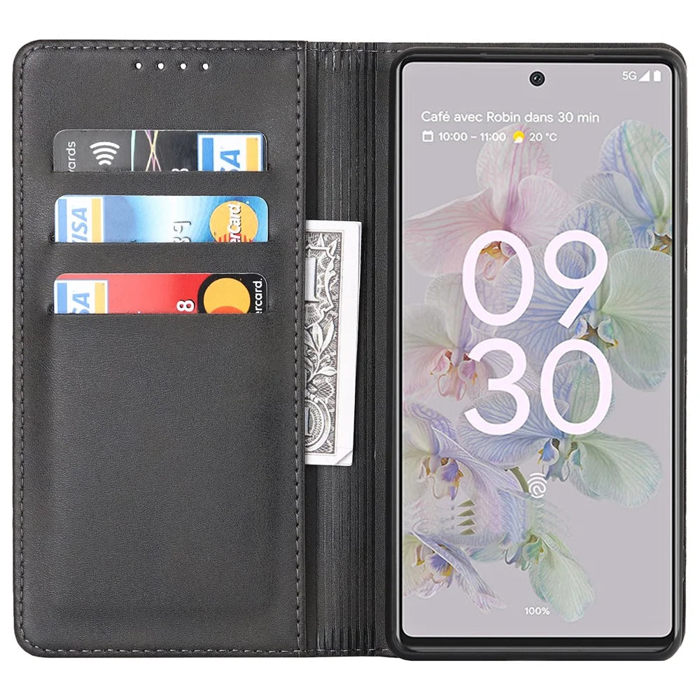 PU Leather + TPU Phone Case for Google Pixel 6a, Stand Wallet Shockproof Anti-fall Auto Closure Magnetic Cover - Black - 4
