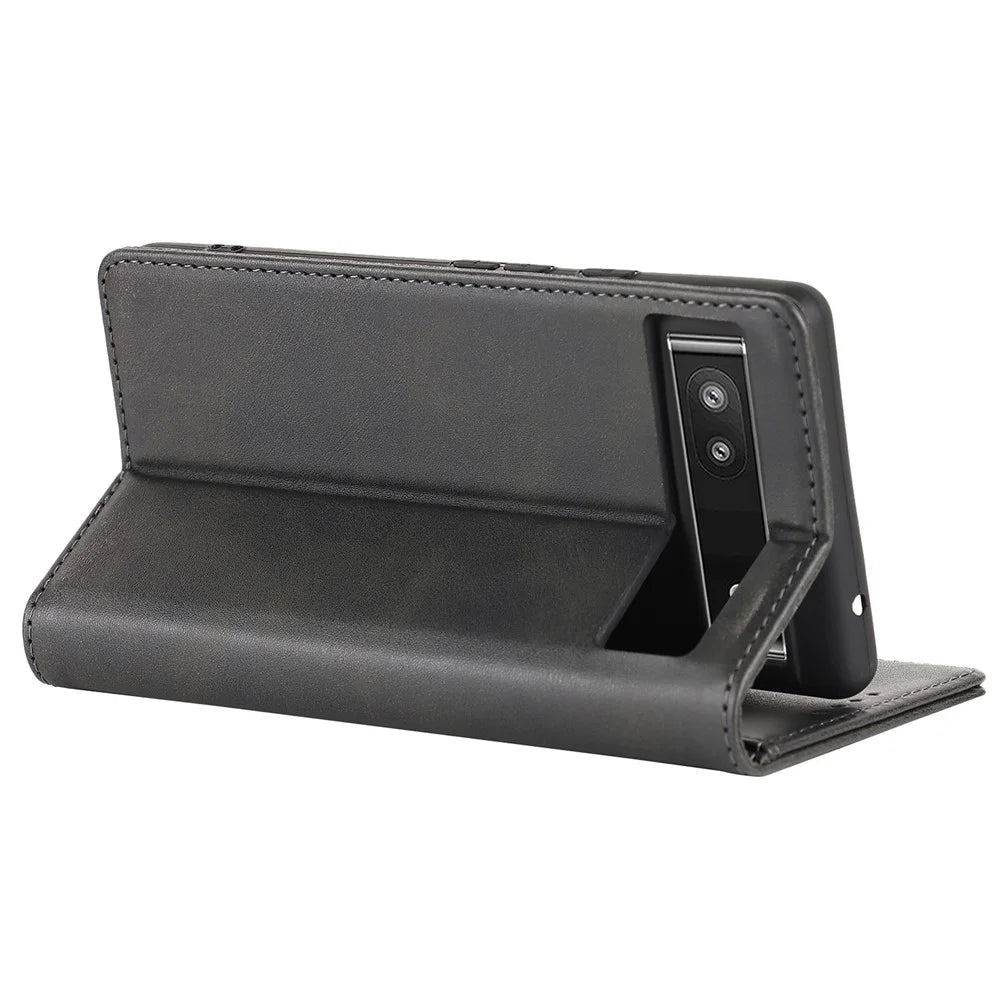 PU Leather + TPU Phone Case for Google Pixel 6a, Stand Wallet Shockproof Anti-fall Auto Closure Magnetic Cover - Black - 6
