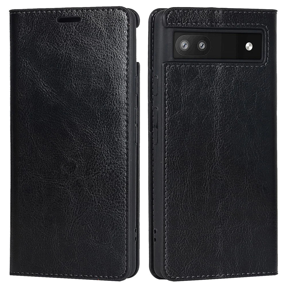 Genuine Leather Phone Case for Google Pixel 6a, Wallet Stand Crazy Horse Texture Shell - Black - 1