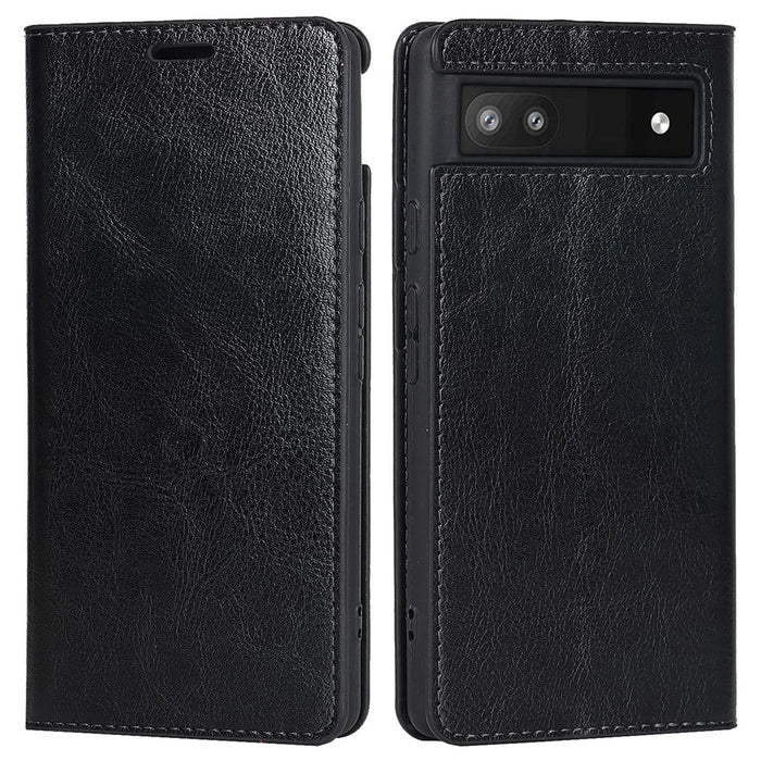Genuine Leather Phone Case for Google Pixel 6a, Wallet Stand Crazy Horse Texture Shell - Black - 1