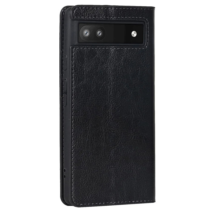 Genuine Leather Phone Case for Google Pixel 6a, Wallet Stand Crazy Horse Texture Shell - Black - 3