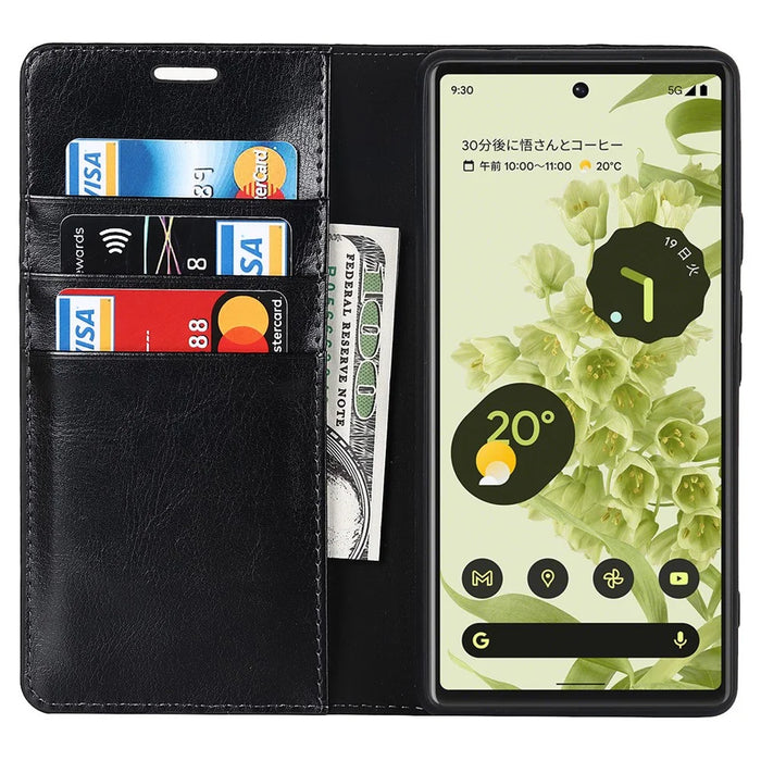 Genuine Leather Phone Case for Google Pixel 6a, Wallet Stand Crazy Horse Texture Shell - Black - 4