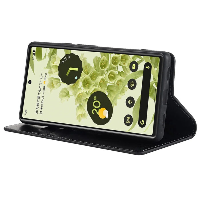 Genuine Leather Phone Case for Google Pixel 6a, Wallet Stand Crazy Horse Texture Shell - Black - 5
