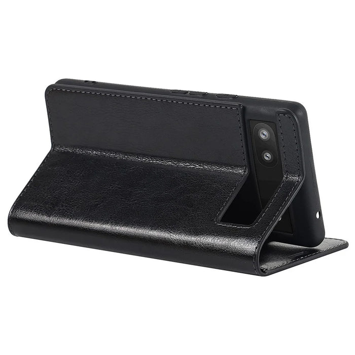 Genuine Leather Phone Case for Google Pixel 6a, Wallet Stand Crazy Horse Texture Shell - Black - 6