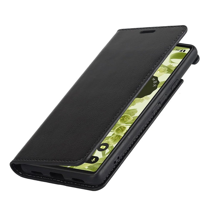 Genuine Leather Phone Case for Google Pixel 6a, Wallet Stand Crazy Horse Texture Shell - Black - 7