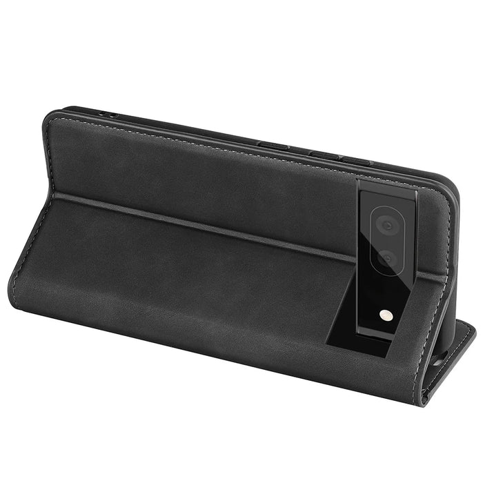 Skin-touch Feeling Leather Cover for Google Pixel 7 Pro 5G Stand Drop-proof Magnetic Auto Closing Wallet Phone Case - Black - 5