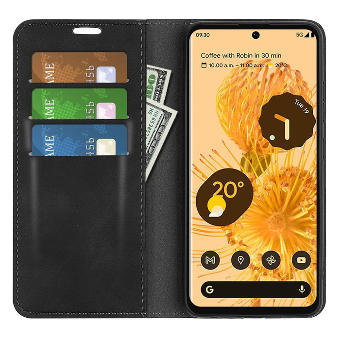 Skin-touch Feeling Leather Cover for Google Pixel 7 Pro 5G Stand Drop-proof Magnetic Auto Closing Wallet Phone Case - Black - 7