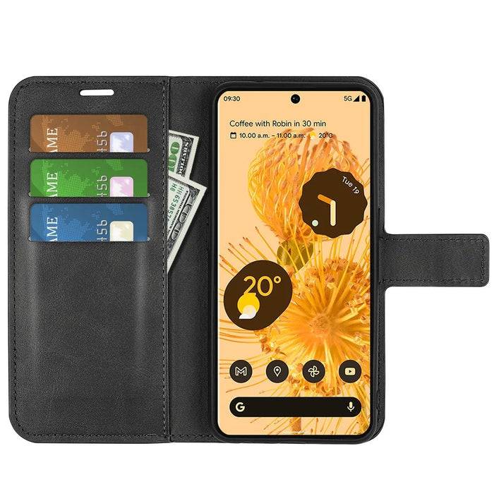 For Google Pixel 7 Pro 5G Drop-proof Textured PU Leather Wallet Phone Case Full Protection Stand Cover - Black - 6