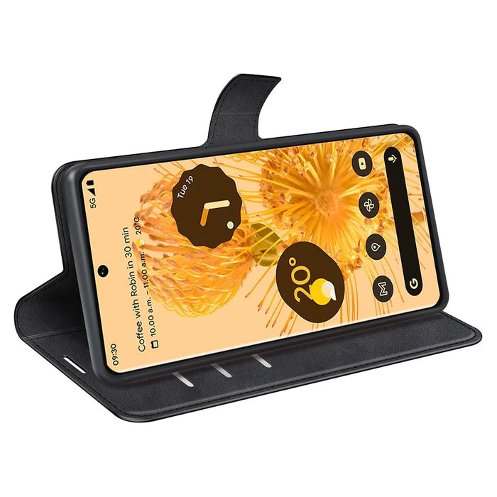 For Google Pixel 7 Pro 5G Drop-proof Textured PU Leather Wallet Phone Case Full Protection Stand Cover - Black - 7