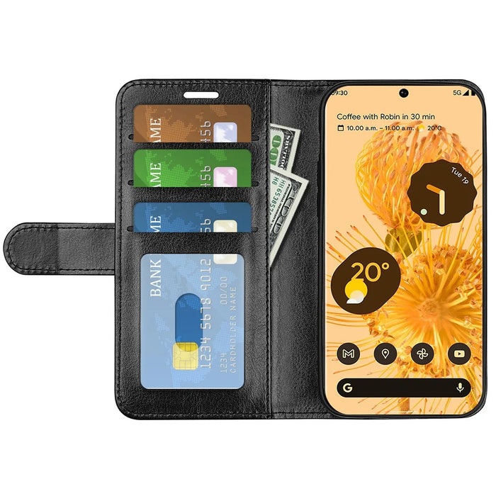 For Google Pixel 7 5G Wallet PU Leather Phone Case Crazy Horse Texture Stand Cover - Black - 7