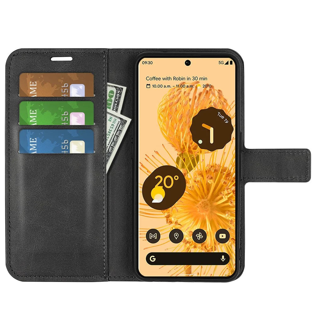 For Google Pixel 7 5G Anti-Scratch Textured PU Leather Phone Case Well-Protected Stand Wallet Cover - Black - 5