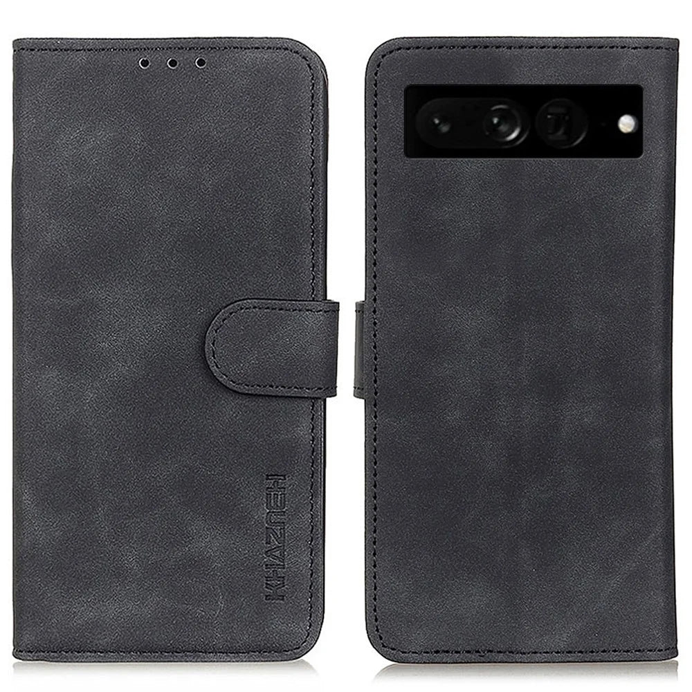 KHAZNEH For Google Pixel 7 Pro 5G Supporting Stand Magnetic Closure Phone Case Vintage Textured PU Leather Wallet Shockproof Flip Folio Cover - Black - 1