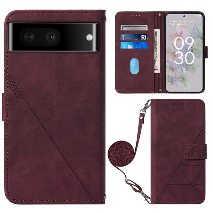 For Google Pixel 7 Pro 5G Leather Case with Shoulder Strap Wallet Stand Phone Cover - Wine Red - 1