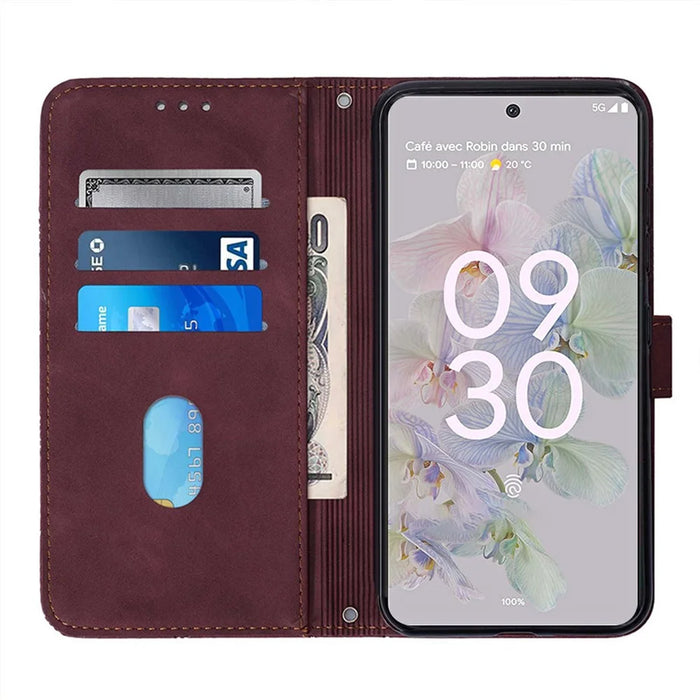 For Google Pixel 7 Pro 5G Leather Case with Shoulder Strap Wallet Stand Phone Cover - Wine Red - 4