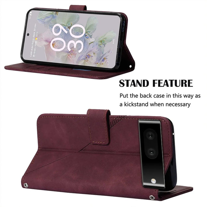 For Google Pixel 7 Pro 5G Leather Case with Shoulder Strap Wallet Stand Phone Cover - Wine Red - 5