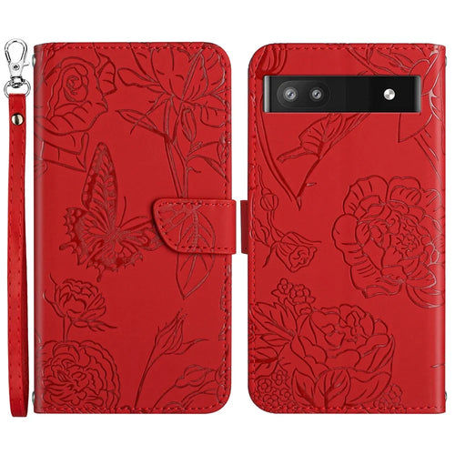 Butterfly Flowers Imprinting Fingerprint Free PU Leather Phone Shell for Google Pixel 6a, Pattern Imprinting Design Wallet Stand Case with Handy Strap - Red - 1