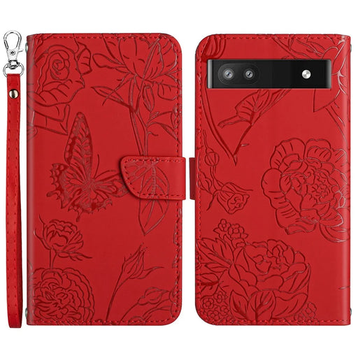 Butterfly Flowers Imprinting Fingerprint Free PU Leather Phone Shell for Google Pixel 6a, Pattern Imprinting Design Wallet Stand Case with Handy Strap - Red - 1