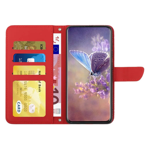 Butterfly Flowers Imprinting Fingerprint Free PU Leather Phone Shell for Google Pixel 6a, Pattern Imprinting Design Wallet Stand Case with Handy Strap - Red - 2