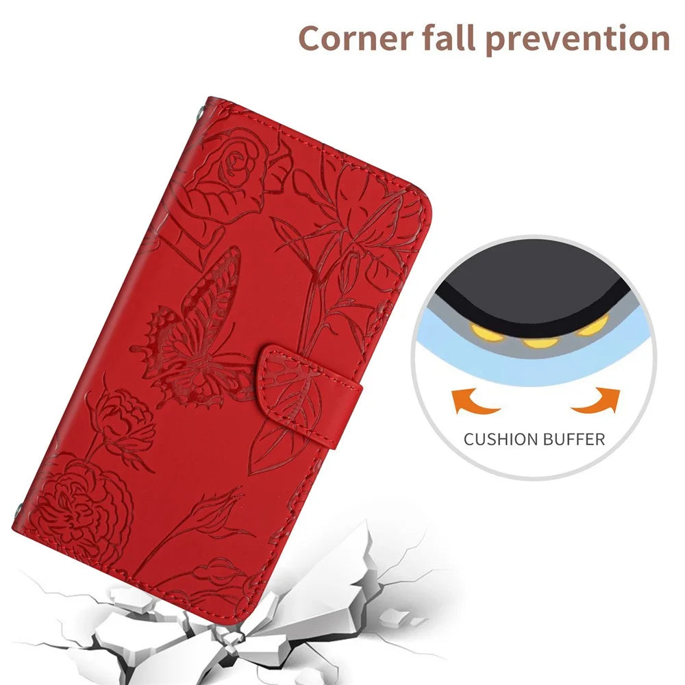 Butterfly Flowers Imprinting Fingerprint Free PU Leather Phone Shell for Google Pixel 6a, Pattern Imprinting Design Wallet Stand Case with Handy Strap - Red - 6