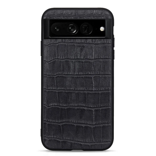 For Google Pixel 7 Pro 5G Phone Case Crocodile Texture Genuine Leather Coated Hybrid Protector - Black - 1