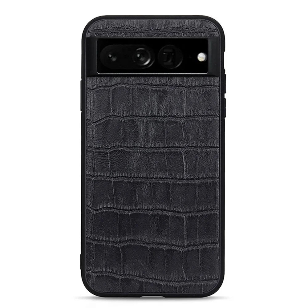 For Google Pixel 7 Pro 5G Phone Case Crocodile Texture Genuine Leather Coated Hybrid Protector - Black - 1