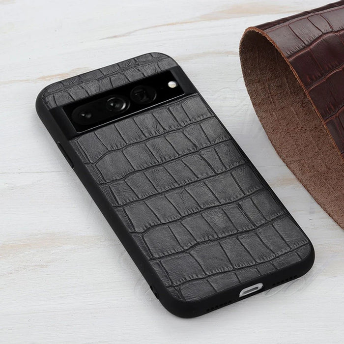 For Google Pixel 7 Pro 5G Phone Case Crocodile Texture Genuine Leather Coated Hybrid Protector - Black - 2