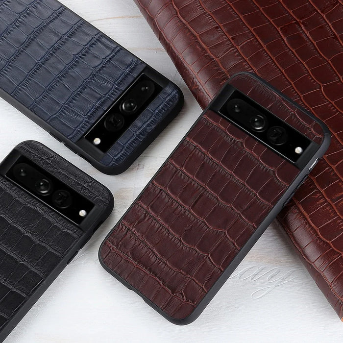 For Google Pixel 7 Pro 5G Phone Case Crocodile Texture Genuine Leather Coated Hybrid Protector - Black - 3