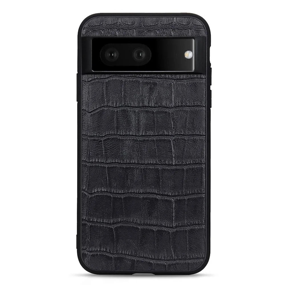 For Google Pixel 7 5G Anti-Shock Cell Phone Case Crocodile Texture Genuine Leather Coated Hybrid Anti-Scratch Cover - Black - 1