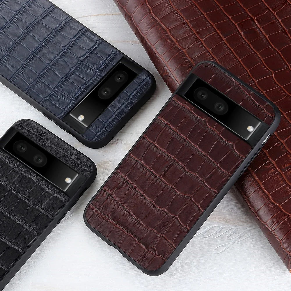 For Google Pixel 7 5G Anti-Shock Cell Phone Case Crocodile Texture Genuine Leather Coated Hybrid Anti-Scratch Cover - Black - 3
