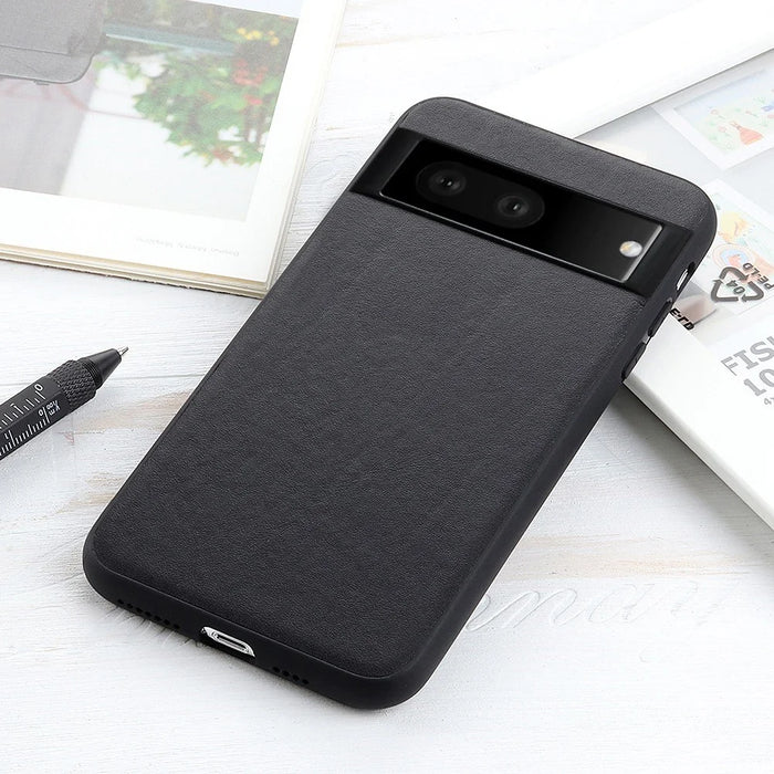 For Google Pixel 7 5G Ultra-Thin Textured Genuine Leather Phone Case PC + TPU Hybrid Anti-Drop Cover - Black - 2
