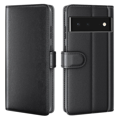 Split Leather Genuine Leather Case for Google Pixel 6, Wallet Stand Folio Flip Protective Cover - Black - 1