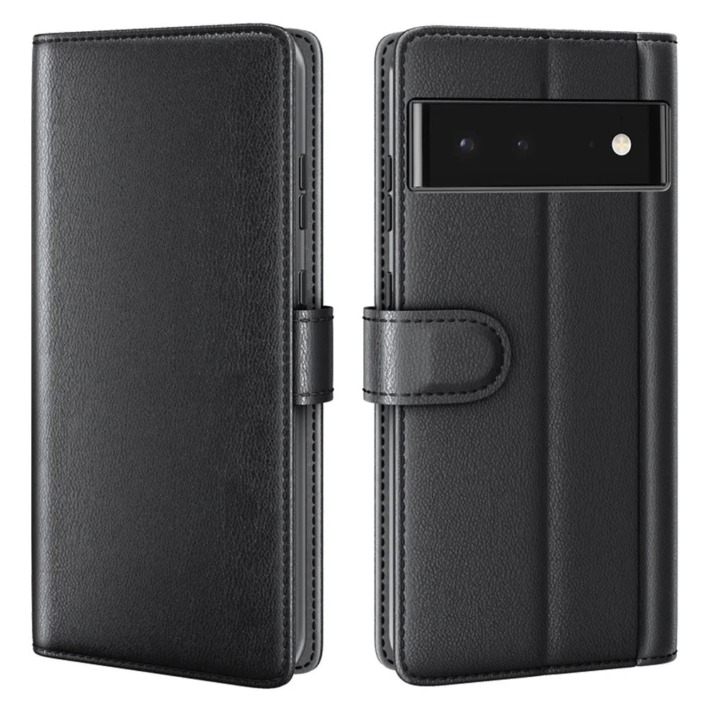 Split Leather Genuine Leather Case for Google Pixel 6, Wallet Stand Folio Flip Protective Cover - Black - 1