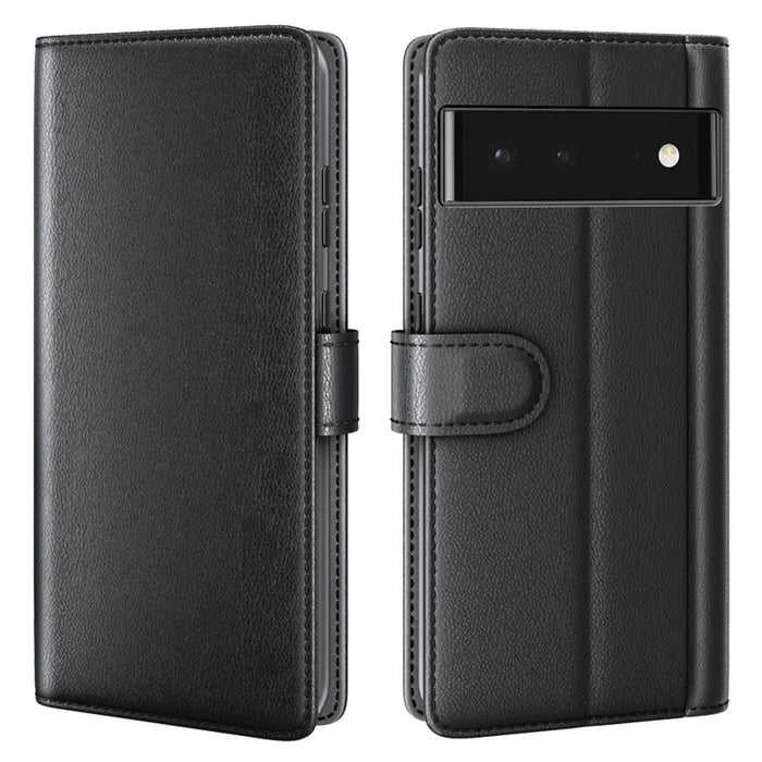 Split Leather Genuine Leather Case for Google Pixel 6, Wallet Stand Folio Flip Protective Cover - Black - 1