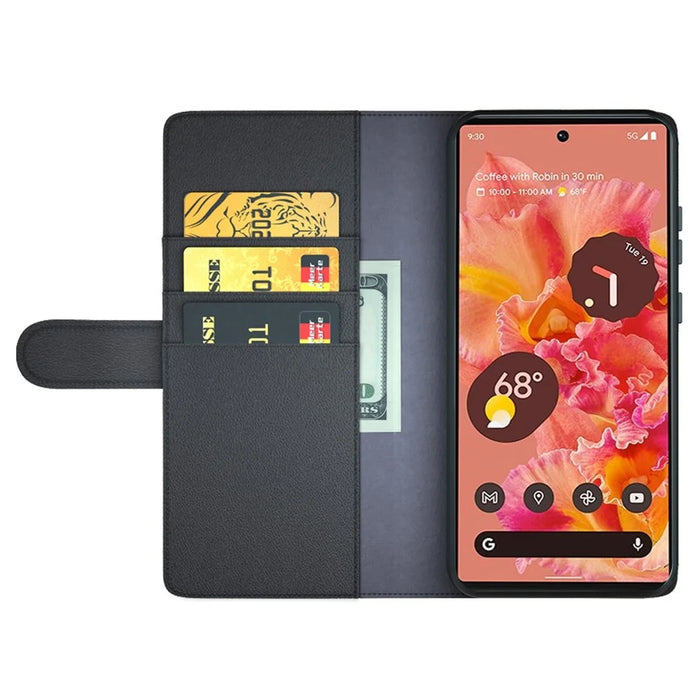 Split Leather Genuine Leather Case for Google Pixel 6, Wallet Stand Folio Flip Protective Cover - Black - 2