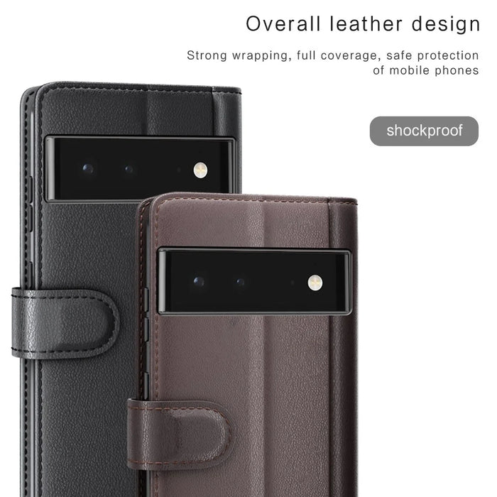 Split Leather Genuine Leather Case for Google Pixel 6, Wallet Stand Folio Flip Protective Cover - Black - 4