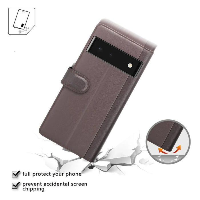 Split Leather Genuine Leather Case for Google Pixel 6, Wallet Stand Folio Flip Protective Cover - Black - 7