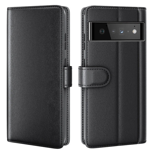 For Google Pixel 6 Pro Split Leather Genuine Leather Phone Case Stand Wallet Magnetic Clasp Cover - Black - 1