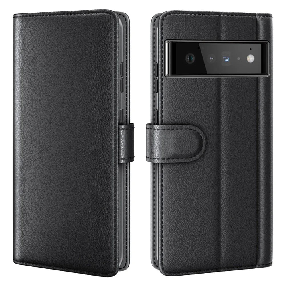 For Google Pixel 6 Pro Split Leather Genuine Leather Phone Case Stand Wallet Magnetic Clasp Cover - Black - 1