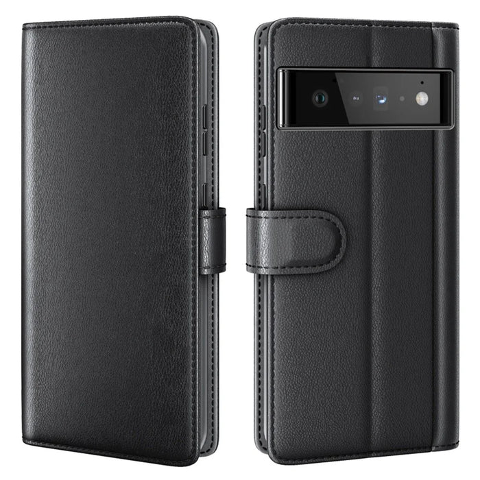 For Google Pixel 6 Pro Split Leather Genuine Leather Phone Case Stand Wallet Magnetic Clasp Cover - Black - 1