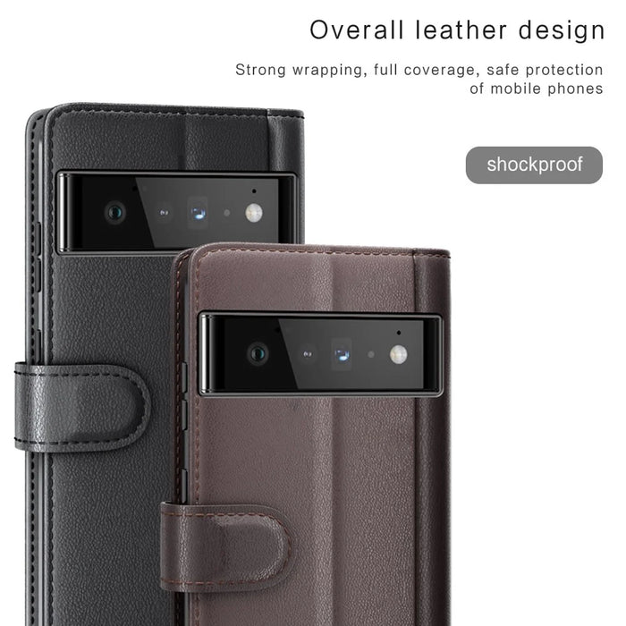 For Google Pixel 6 Pro Split Leather Genuine Leather Phone Case Stand Wallet Magnetic Clasp Cover - Black - 4