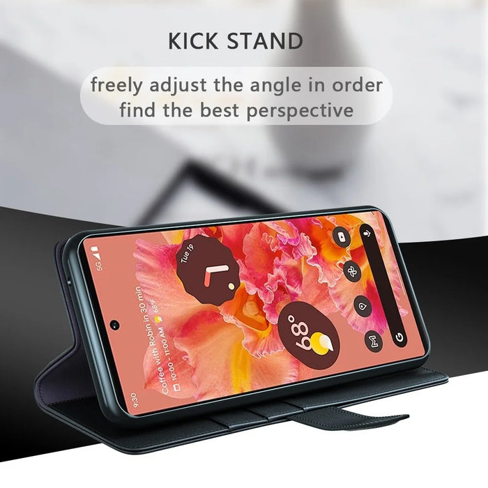 For Google Pixel 6 Pro Split Leather Genuine Leather Phone Case Stand Wallet Magnetic Clasp Cover - Black - 6