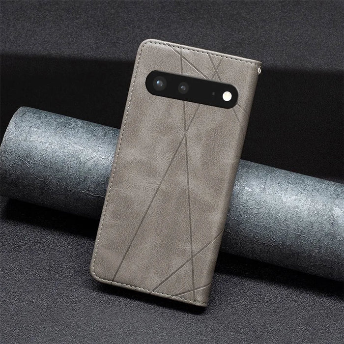 For Google Pixel 7 5G Leather Case with Card Holder Imprinting Pattern Phone Stand Cover - Grey - 5