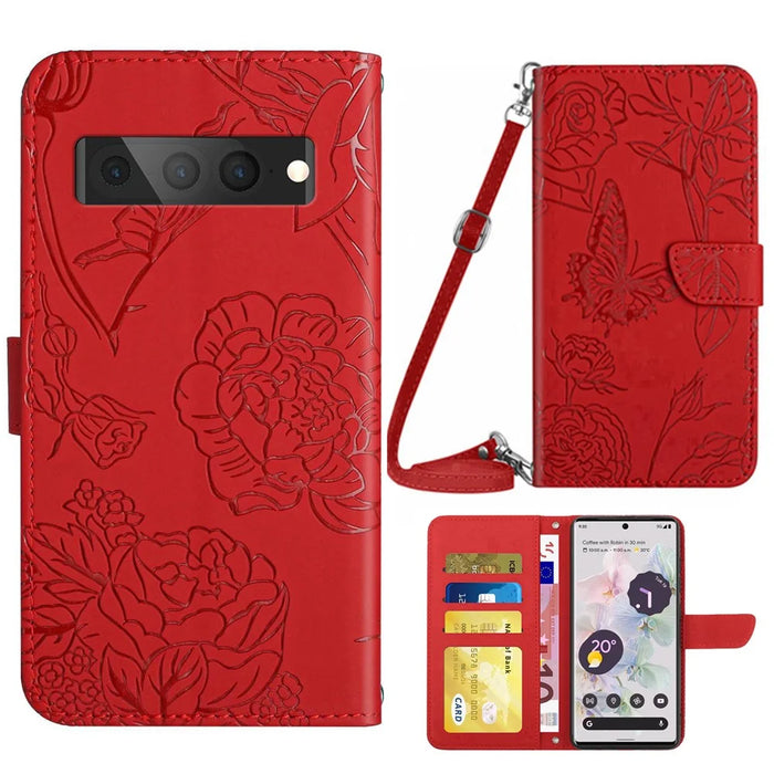 For Google Pixel 7 Pro 5G Case Leather and TPU Stand Butterfly Flowers Imprinting Pattern Wallet Cover with Shoulder Strap - Red - 1