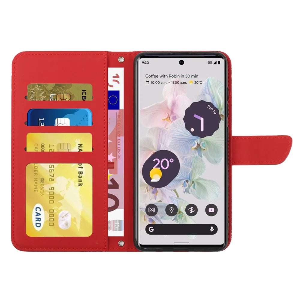 For Google Pixel 7 Pro 5G Case Leather and TPU Stand Butterfly Flowers Imprinting Pattern Wallet Cover with Shoulder Strap - Red - 2
