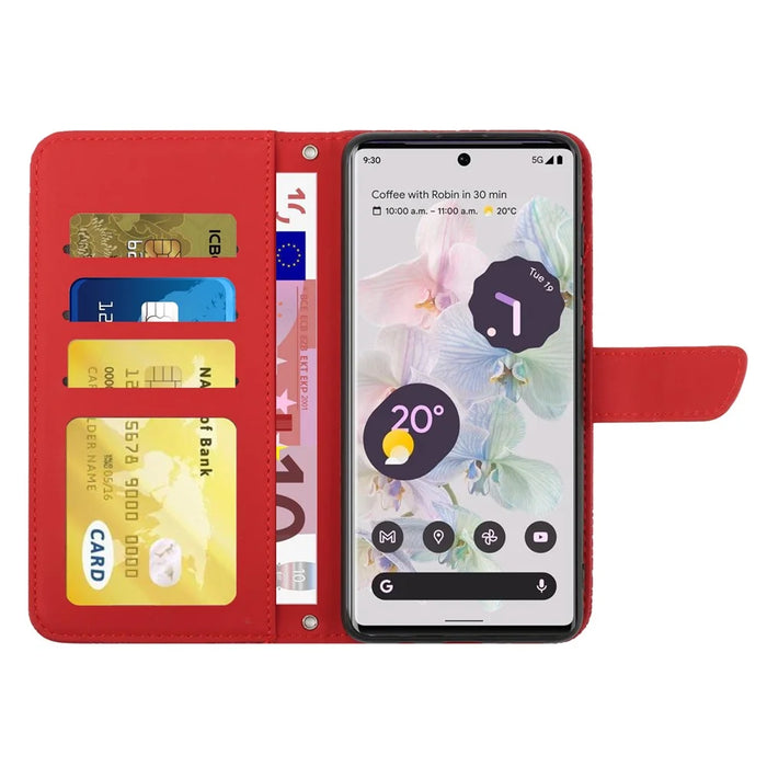 For Google Pixel 7 Pro 5G Case Leather and TPU Stand Butterfly Flowers Imprinting Pattern Wallet Cover with Shoulder Strap - Red - 2