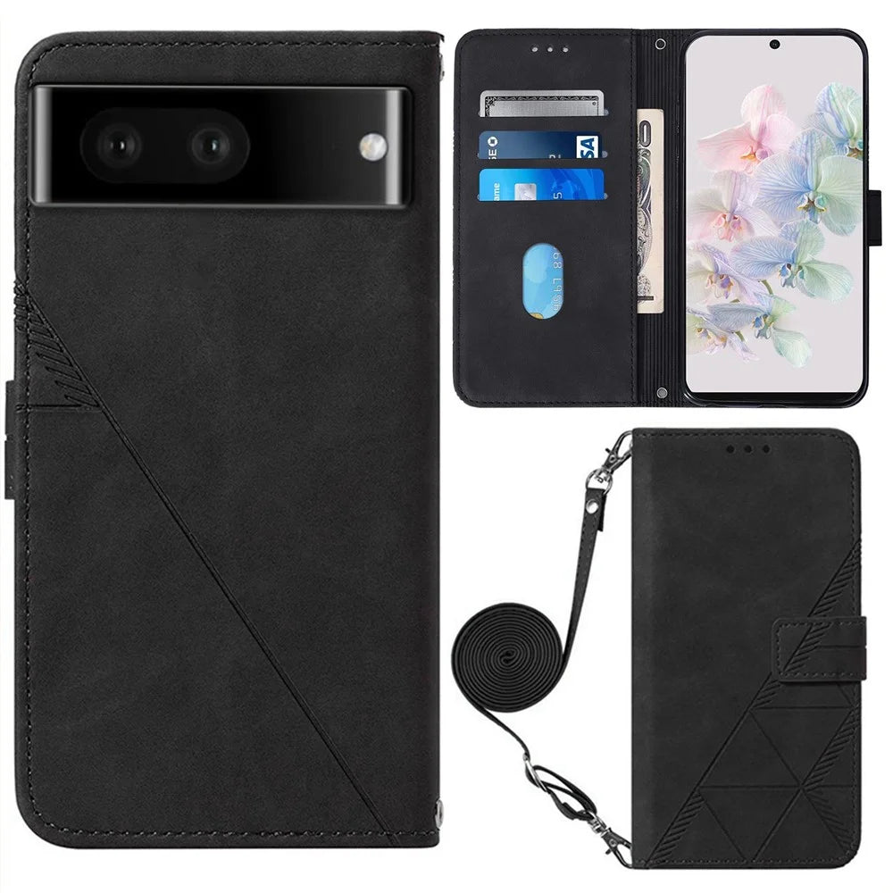 For Google Pixel 7 5G Leather Case with Shoulder Strap Wallet Stand Phone Cover - Black - 1