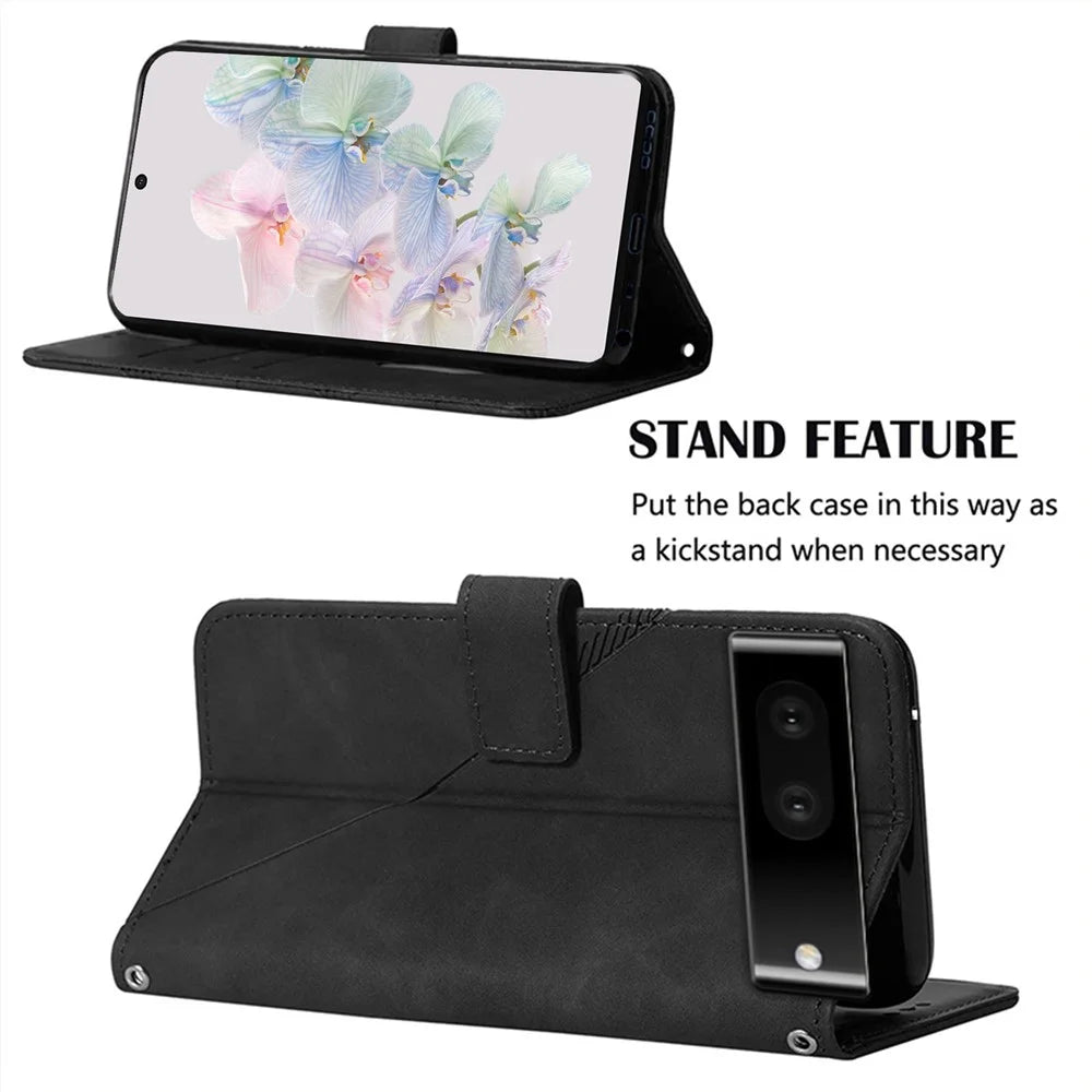 For Google Pixel 7 5G Leather Case with Shoulder Strap Wallet Stand Phone Cover - Black - 5