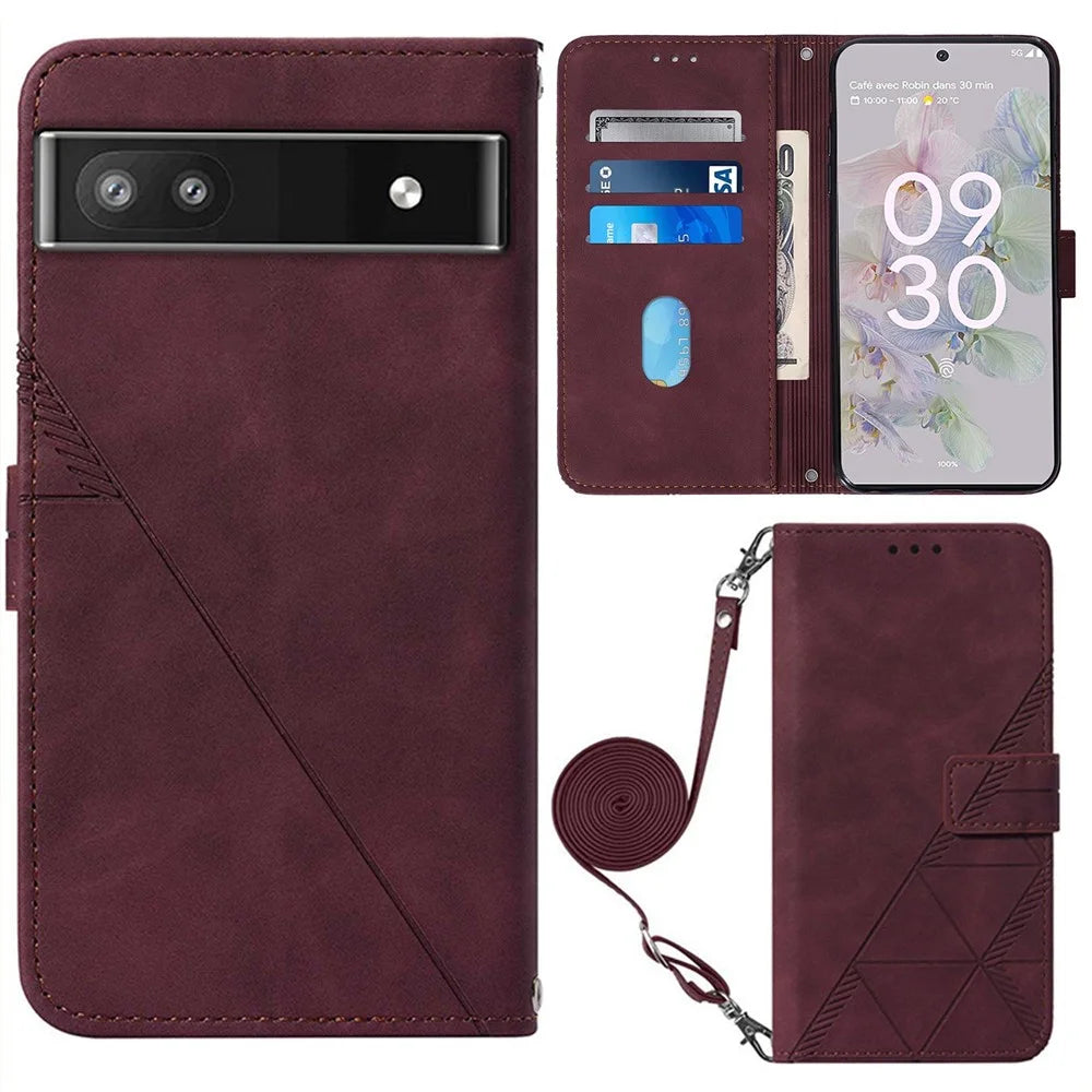 For Google Pixel 6a Leather Case with Shoulder Strap Wallet Stand Phone Cover - Wine Red - 1